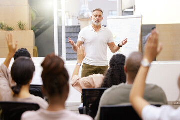 Naklejka na ściany i meble Business, speaker and man in a conference room, presentation and question for corporate training. Male person, leader and staff in a workshop, feedback and coaching for growth and company development