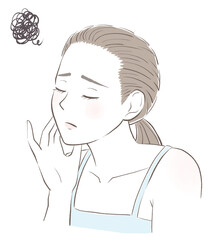 頬に手を当てて目を閉じて困る女性