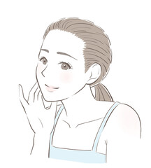 髪をまとめて頬に頬に手を当てて微笑む女性