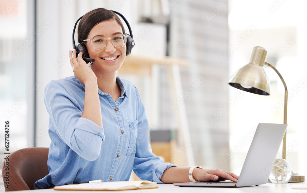 Aufkleber call center, portrait and woman employee with a smile from customer service and web help. online con