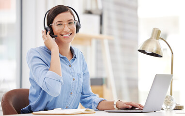 Call center, portrait and woman employee with a smile from customer service and web help. Online...