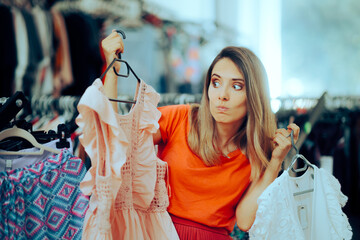 Undecided Woman Choosing Between Two Blouses in a Store. Fashion boutique customer trying to decide which clothes to buy
