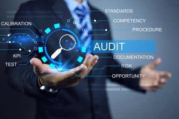 Auditor audit factory or annual assessment every year to ensure that activities are conducted in a correct way, not against the law and that there is a plan to meet the quality standards KPI target - obrazy, fototapety, plakaty