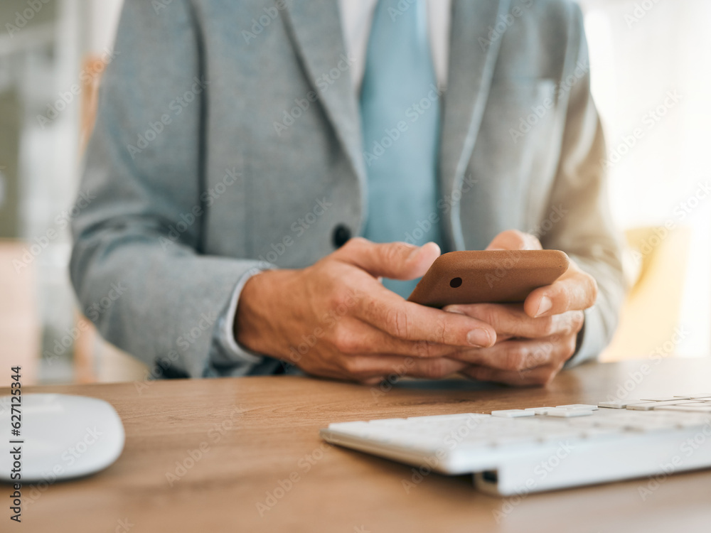 Aufkleber Business man, hands and phone at desk with networking, text and online communication. Computer, mobile message and social media browse in a office and workplace with contact and typing at company