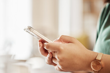 Woman, hands and typing with phone in home, reading social media notification or online contact. Closeup of female person, smartphone and app user download mobile games, search digital network or web