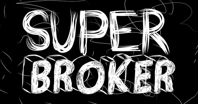 Super Broker word animation of old chaotic film strip with grunge effect. Busy destroyed TV, video surface, vintage screen white scratches, cuts, dust and smudges.