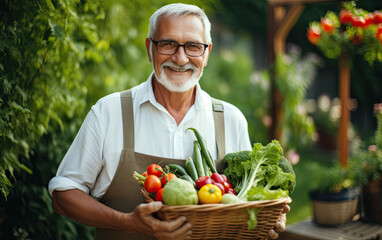 Senior person holding a basket of vegetables