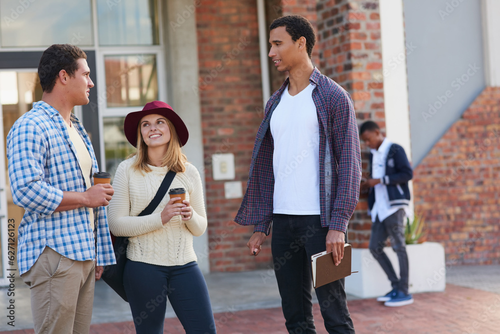 Poster Catching up before class. Cropped shot of a group of university students hanging out between class.