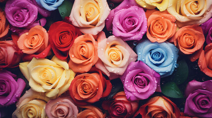 Natural fresh colorful roses pattern wallpaper. top view, Colorful roses flower wall background. 