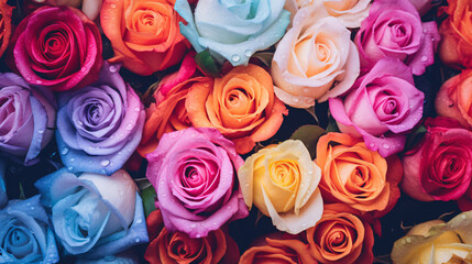 Natural fresh colorful roses pattern wallpaper. top view, Colorful roses flower wall background.  © Ton Photographer4289