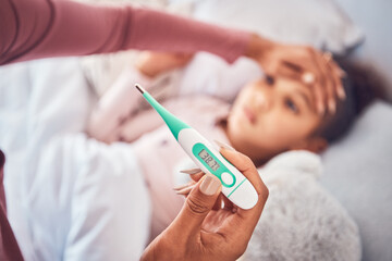Naklejka premium Sick child in bed, mother and thermometer for fever, virus and flu with illness, care and health. Mother, kid and woman check temperature, home or support with fever, love, forehead or medical issue