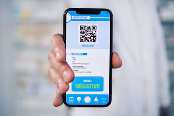 Doctor, hands and phone with QR code for diagnosis, healthcare results or screening at pharmacy. Closeup of person, pharmacist or medical expert show mobile smartphone app, monkeypox or negative test