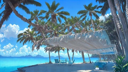 tropical island with palm trees and shaded hangout
