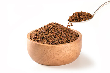 Instant coffee in wooden brown and spoon isolated on white background.