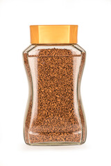 Glass jar of instant coffee granules isolated on white background.