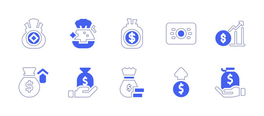 Money icon set. Duotone style line stroke and bold. Vector illustration. Containing money bag, money, money growth, earn money.