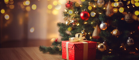 Gift box and christmas ornaments on Christmas tree background with garland lights. copy space.