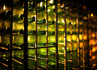 row of bottles of wine with glowing lights - obrazy, fototapety, plakaty