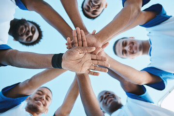 Portrait, stack or team with sports, hands or fitness with support, collaboration or motivation....