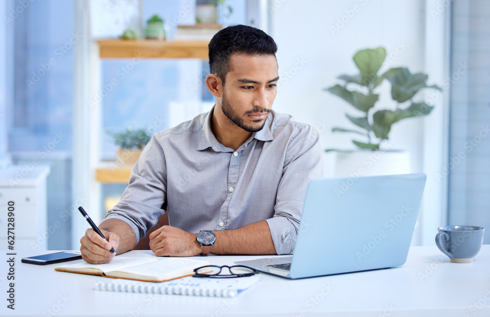 Fototapete Young business man, writing and notebook with laptop, ideas or schedule planning at web design job. Businessman, book and computer with notes, brainstorming or problem solving for report in workplace