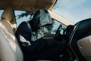 Close-up car thief hand holding screwdriver tamper yank and glove black. Man robber checking breaking entering alarm in a car stealing. Image about reflect society.