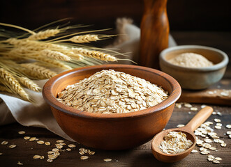 wheat grains and  ears of wheat on the table