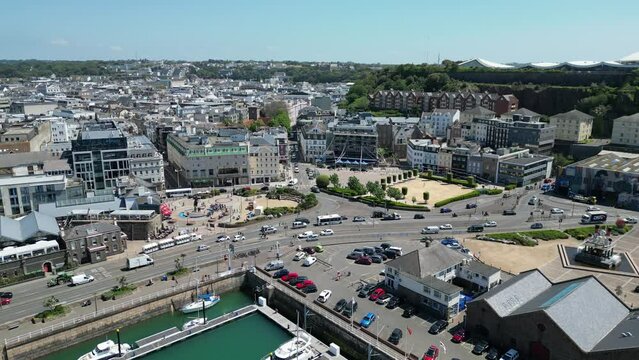 Ascending aerial St Helier Jersey Channel islands