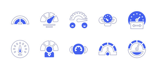 Speedometer icon set. Duotone style line stroke and bold. Vector illustration. Containing speedometer, happy, coding, efficiency.
