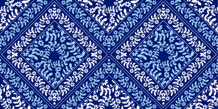 abstract flower grid pattern background, in a square frame, african textile art, tribal abstract hand-draw, hawaii summer fashion artwork for Fabric print, clothes, scarf, shawl, carpet, bag