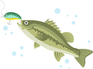 緑色のルアーで釣る、ブラックバスのイラスト