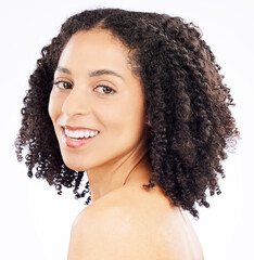 Beauty, skincare and portrait of black woman on a white background for wellness, health and facial. Dermatology, studio and natural face of happy female person smile for cosmetics, makeup and luxury