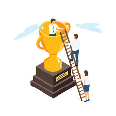 Isometric teamwork concept. colleagues to climb up ladder step on winning trophy. illustrator vector.