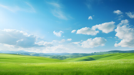 Panoramic natural landscape with green grass field, blue sky with clouds and mountains in background.  - Powered by Adobe