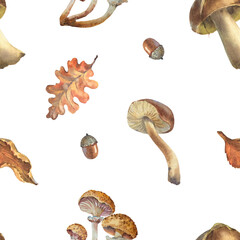 Seamless brown mushrooms pattern. Watercolor seamless pattern with illustration of mushrooms, leaves, acorns, branch. Saffron milk cap or red pine mushroom, porcini, cantharellus