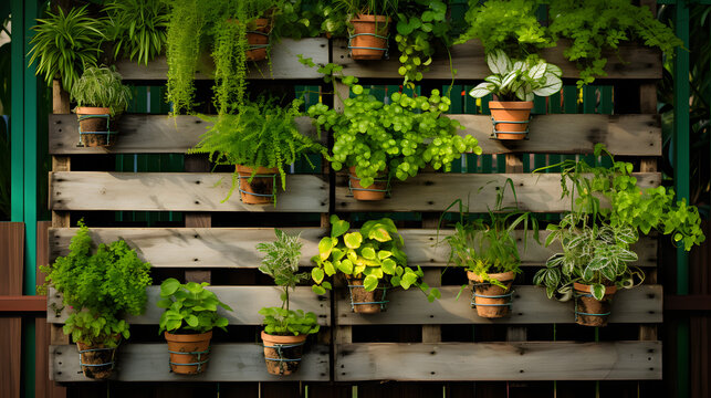 Recycled pallets with hanging plants creating a vertical garden
