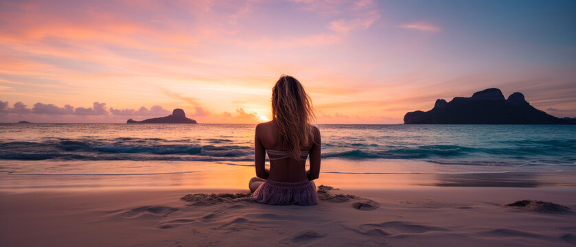 Panoramic illustration of a woman sitting alone on a beach enjoying a beautiful sunset. The colorful skies are a perfect way to enjoy a relaxing summer vacation and unwind.