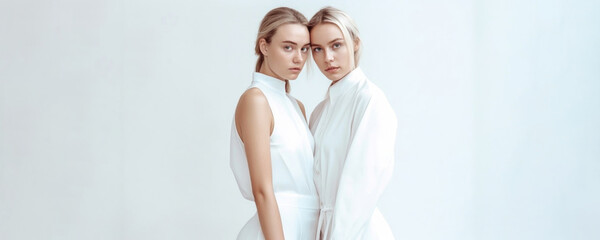 Married couple. Two lesbian brides in white suits. Horizontal concise banner for a wedding with space for text. White woman blonde. Concept of love, family. Generative AI