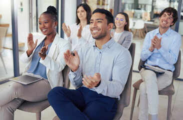 Business people, meeting and applause for presentation, teamwork or collaboration at the office....