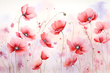 Poppy flowers, watercolor illustration.