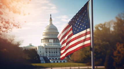 Close - up shots of United States flag on washington DC background. USA,  Generative ai