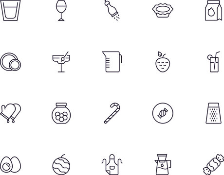 Food line icon set. Collection of outline sign for web design, mobile app, etc. Black line icon of fruit, vegetables, meat, candy, cake.