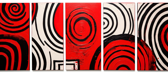 five abstract paintings hanging on a wall   with red and black designs