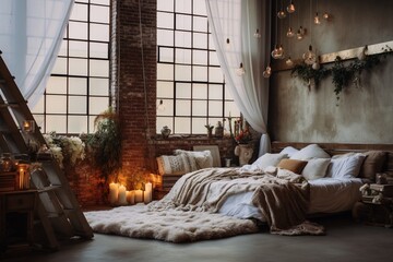 Fototapeta na wymiar Bedroom interior inspired by Bohemian design
