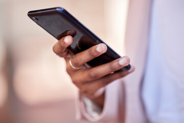 Woman, hands and phone for communication, networking or online browsing on social media outdoors. Closeup of female person typing, texting or chatting on mobile smartphone app in city or urban town
