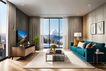 Cozy room interior with stylish furniture, decor and modern TV set. 3d illustration.
