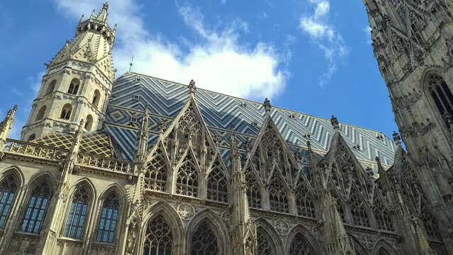 Exterior of St. Stephen's Cathedral, Landmark of Vienna Austria on Sunny Day, Low Angle View