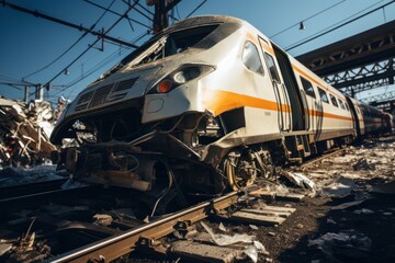 Fototapeta na wymiar Accident of a high-speed train collided at the railroad