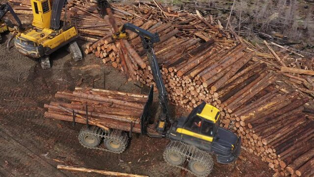 Sustainable Forestry: Drone Footage of Forwarder Handling Logs