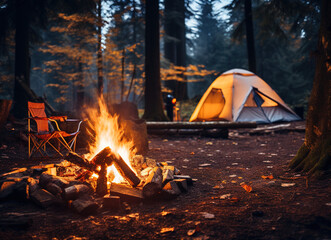 camp fire in the forest with a tent behind 