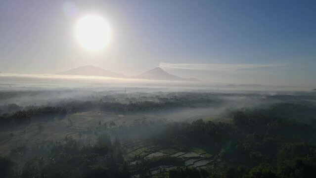 Embracing winter's warmth, a Serene morning sun amidst gentle fog in a breathtaking locale